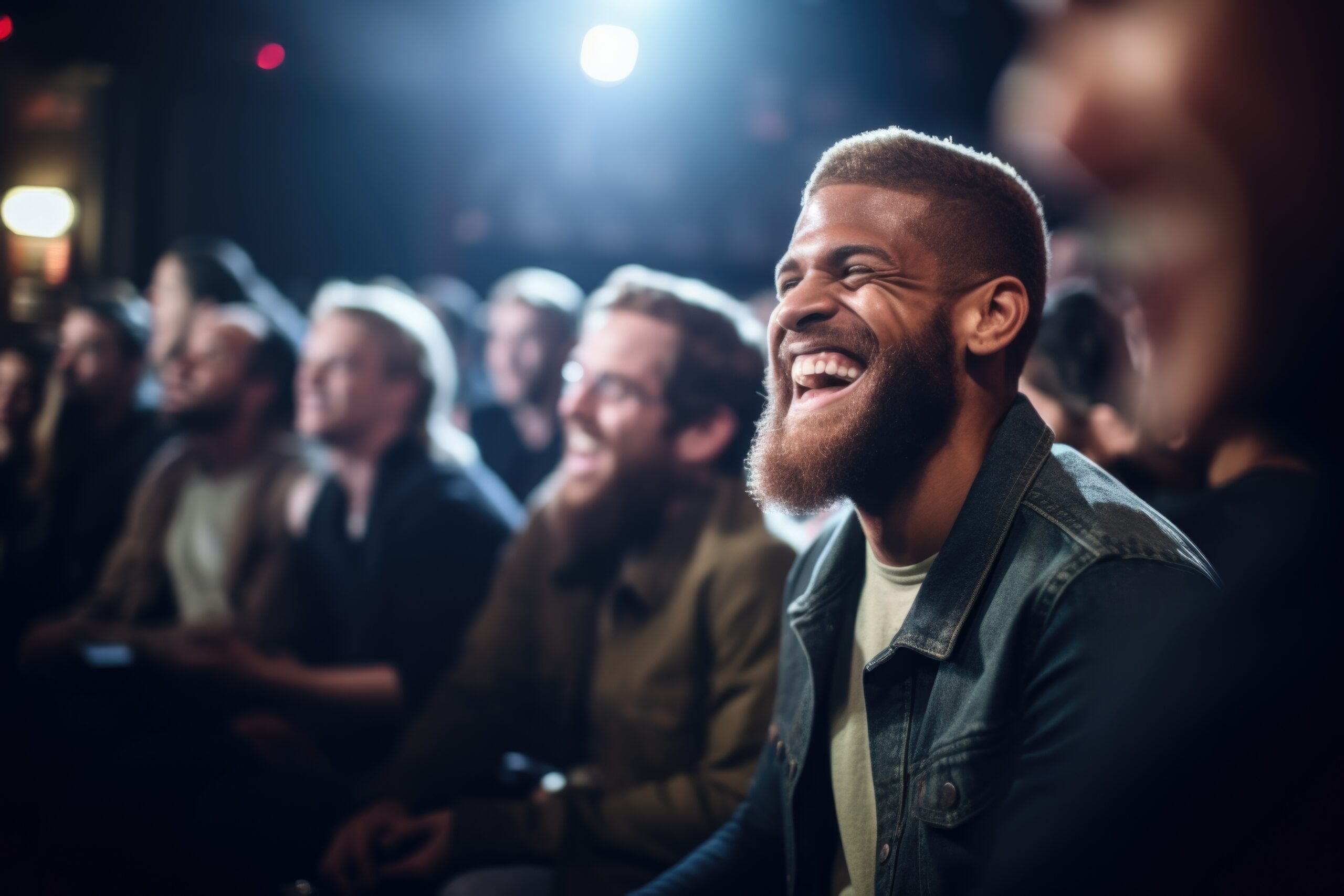man laughing while watching a comedy show man laughing while watching a comedy show, created with generative ai